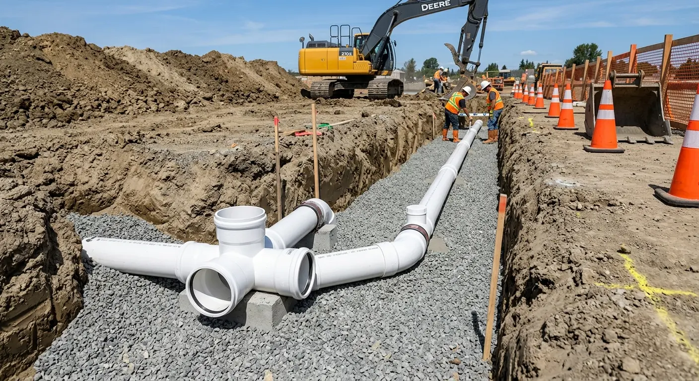 New PVC sewer pipe installation in open trench for Grease Trap Cleaning in Washougal