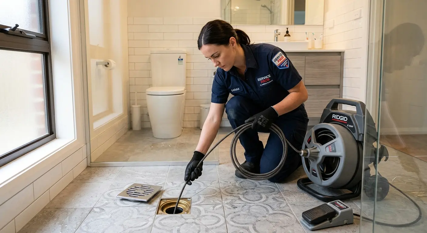 Technician clearing a bathroom floor drain for Sewer Line Installation in Washougal